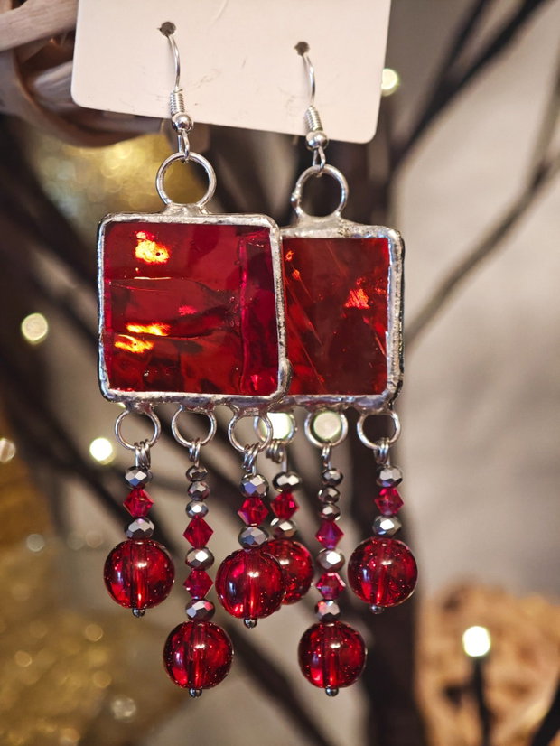 Cercei unicat sticla, mărgele sticla și cristale Swarovski tehnica vitraliu