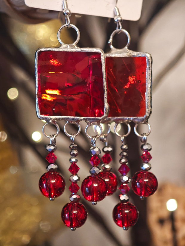 Cercei unicat sticla, mărgele sticla și cristale Swarovski tehnica vitraliu