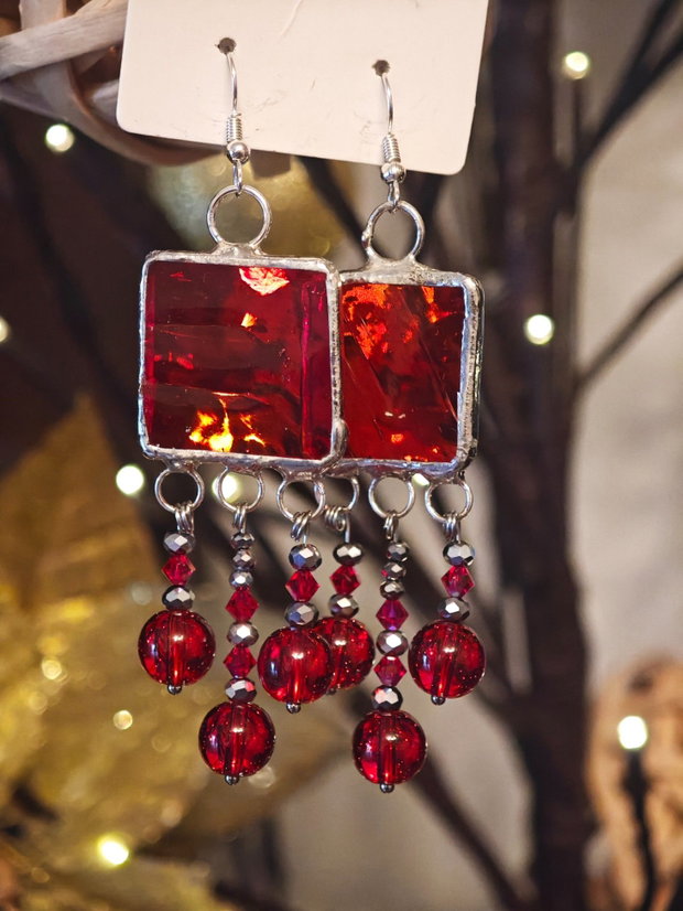 Cercei unicat sticla, mărgele sticla și cristale Swarovski tehnica vitraliu