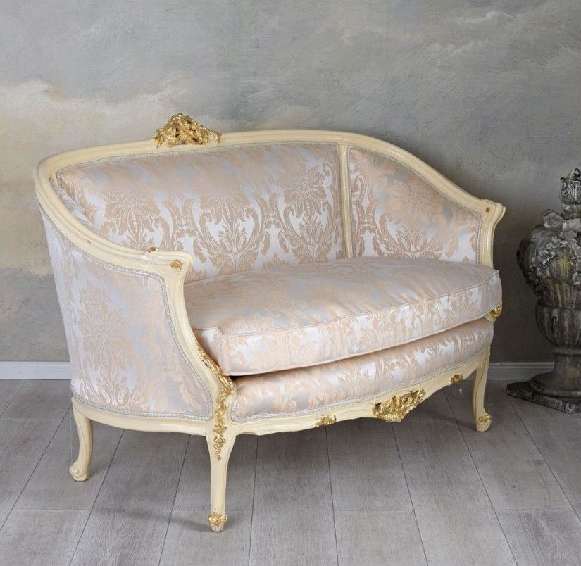 SOFA DIN LEMN MASIV ALB CU TAPITERIE BEJ CU FLORI GRI
