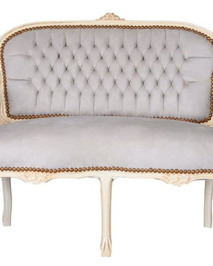 Sofa baroc din lemn masiv alb cu tapiterie din catifea grej