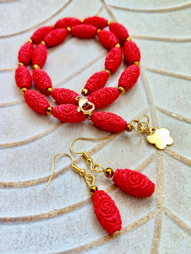Set Colier și cercei cinabru rosu & hematite aurii