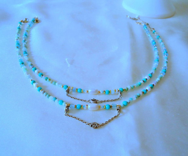 Colier gingas chrisopraz, 4 perle nat , verde turquoise