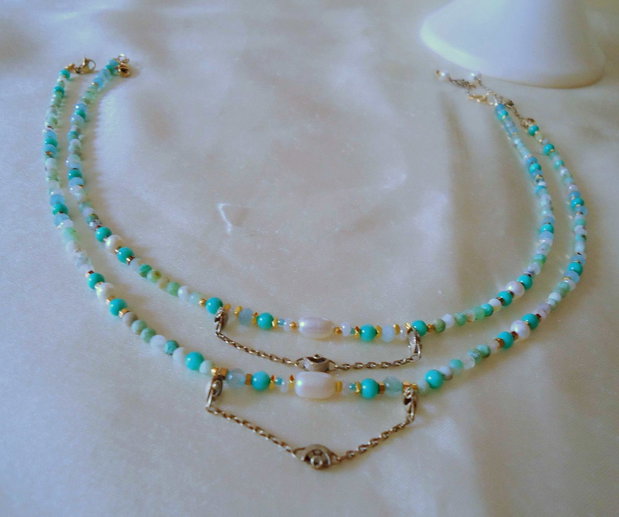 Colier gingas chrisopraz, 4 perle nat , verde turquoise