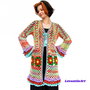 Cardigan lung multicolor cu flori si volane, cardigan dama boho handmade, pulover descheiat cu maneci clopot, marime universala