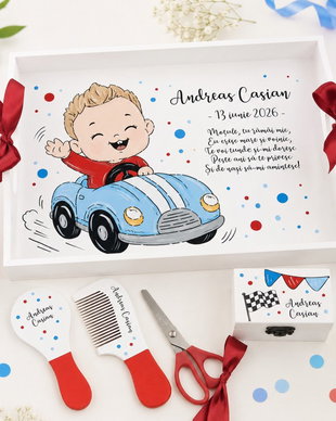 Tava taierea motului baietel cu masinuta pictata manual personalizata, set prima aniversare