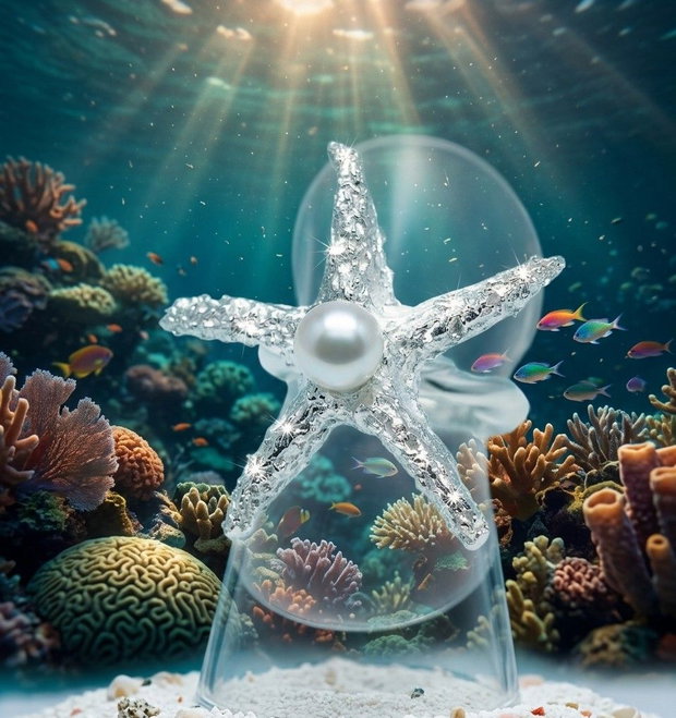 Inel unicat cu stea de mare din dantela de argint pur cu perla naturala