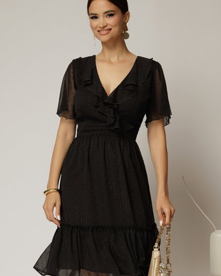 Rochie midi din voal negru cu decolteu petrecut cu volanase si maneci scurte