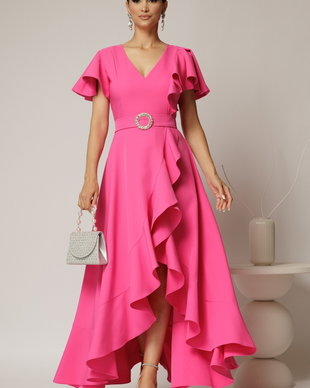 Rochie lunga de ocazie din stofa fucsia cu volane si cordon in talie
