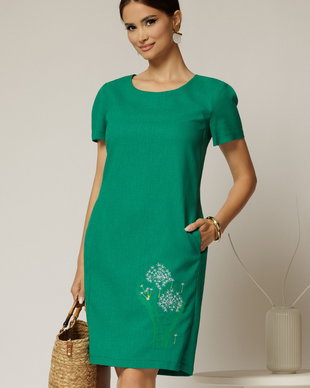 Rochie verde din in cu flori brodate si croi drept