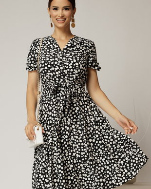 Rochie midi din viscoza neagra cu imprimeu alb
