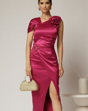 Rochie fucsia midi de ocazie din tafta cu croi petrecut
