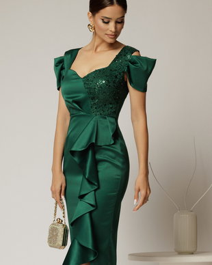 Rochie midi verde din tafta cu paiete si volanas pe fusta