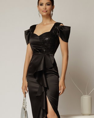 Rochie midi neagra din tafta cu paiete si volanas pe fusta