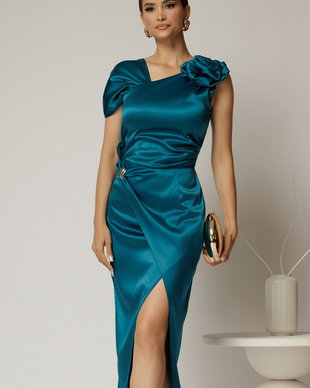 Rochie turcoaz midi de ocazie din tafta cu croi petrecut