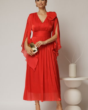 Rochie lunga rosie de seara din voal peliculizat