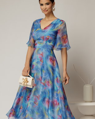 Rochie DY Fashion midi din organza cu imprimeuri bleu lila