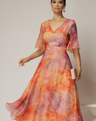 Rochie DY Fashion midi din organza cu imprimeuri corai si oranj