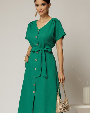 Rochie midi verde de zi din in tip camasa cu manecile scurte