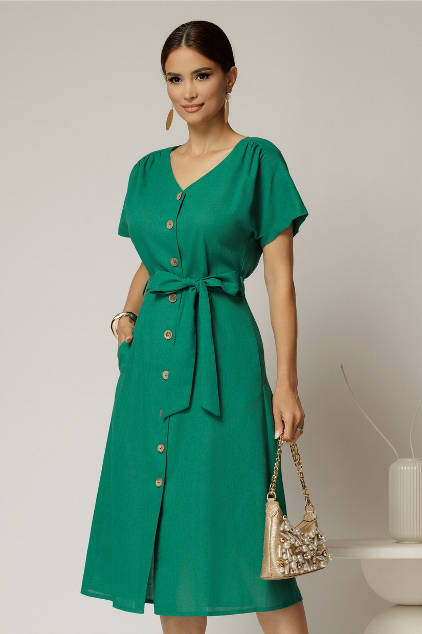 Rochie midi verde de zi din in tip camasa cu manecile scurte