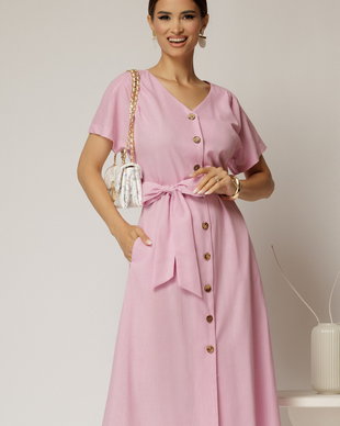 Rochie midi roz de zi din in tip camasa cu manecile scurte