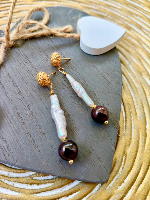 Set Colier și cercei perle baroc Biwa albe & granat natural