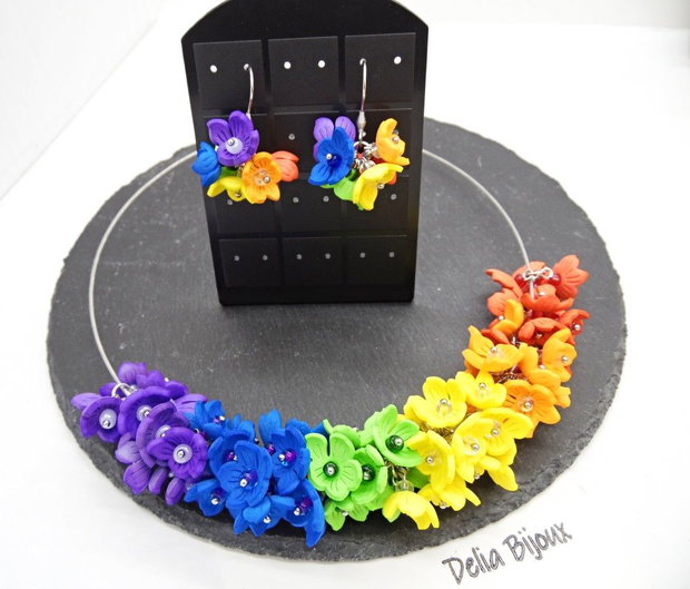 Set bijuterii flori handmade - Curcubeu Floral (cod1447)