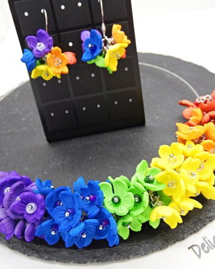 Set bijuterii flori handmade - Curcubeu (cod1447)