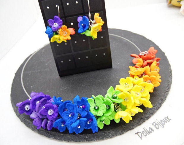 Set bijuterii flori handmade - Curcubeu Floral (cod1447)