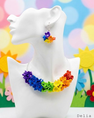 Set bijuterii flori handmade - Curcubeu Floral (cod1447)