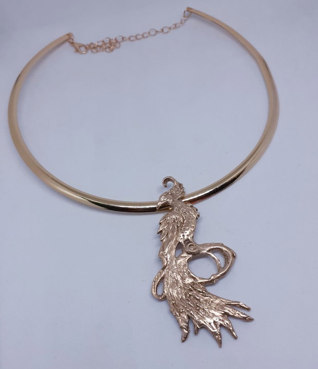 Pandantiv unicat, pasăre Phoenix modelata din bronz auriu