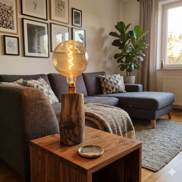 Lampă de Masă Artizanală din Lemn Masiv de Nuc Model Unicat cu Bec Edison Gigant