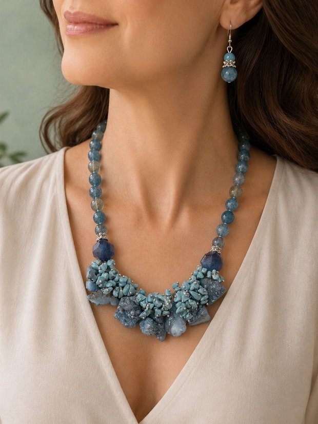 SET~SEA BREEZE~agate,cuarț brut,turcoaz,toho,inox