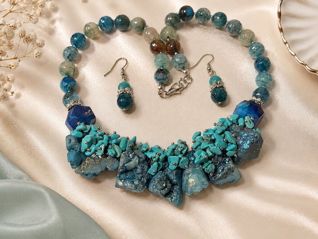 SET~SEA BREEZE~agate,cuarț brut,turcoaz,toho,inox