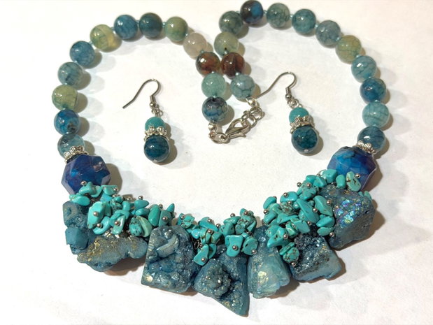 SET~SEA BREEZE~agate,cuarț brut,turcoaz,toho,inox