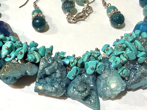 SET~SEA BREEZE~agate,cuarț brut,turcoaz,toho,inox