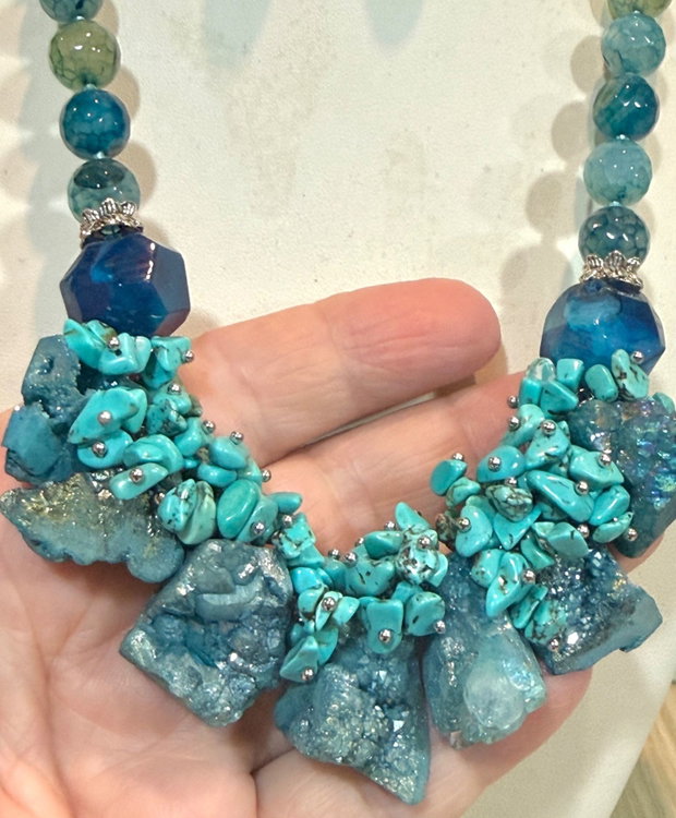 SET~SEA BREEZE~agate,cuarț brut,turcoaz,toho,inox