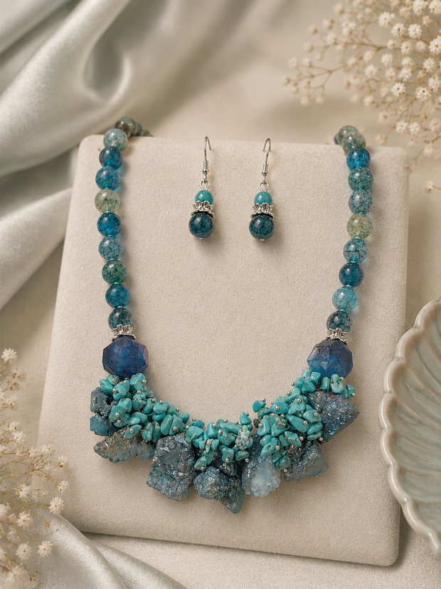 SET~SEA BREEZE~agate,cuarț brut,turcoaz,toho,inox