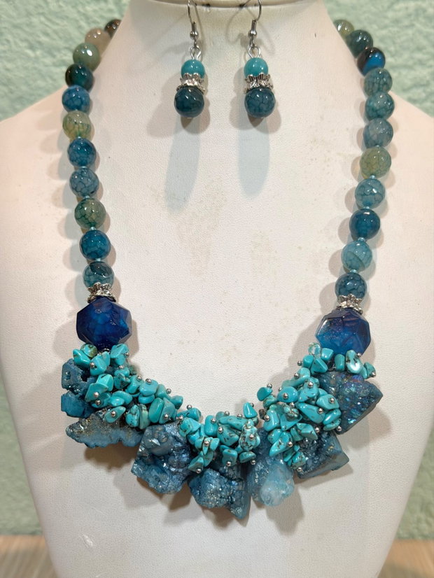 SET~SEA BREEZE~agate,cuarț brut,turcoaz,toho,inox