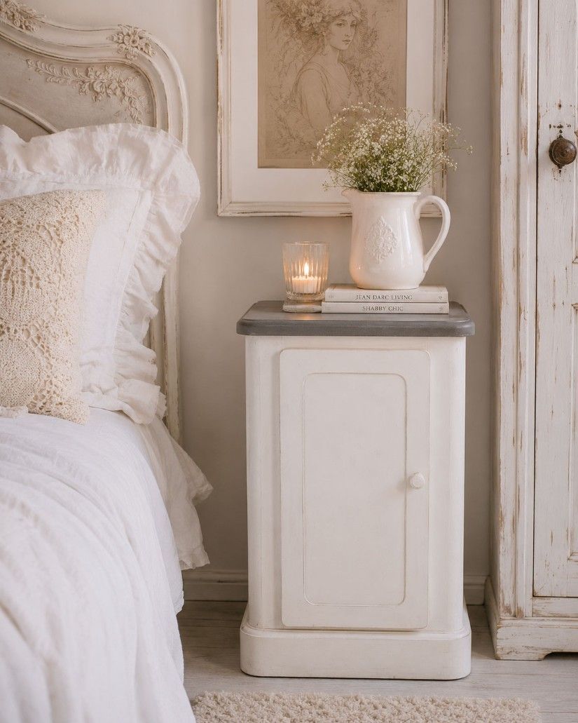 Noptiera Shabby Chic din lemn masiv alb cu blat gri