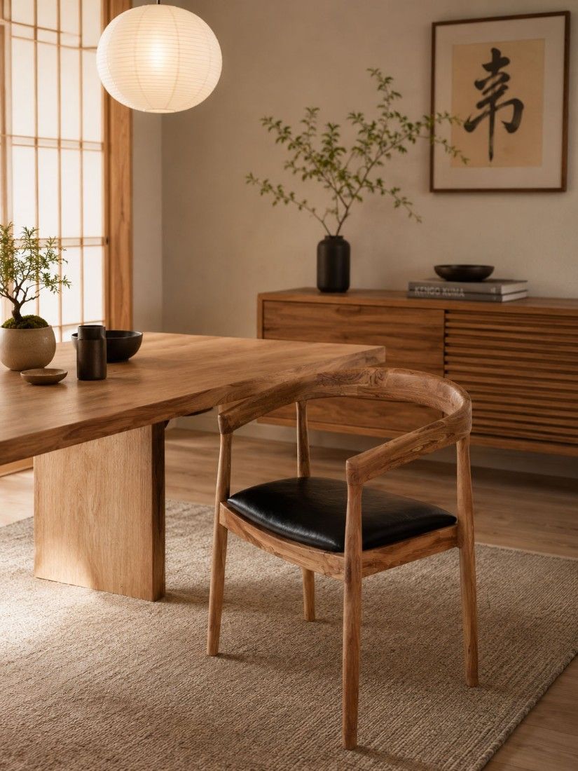 Scaun Japandi din lemn masiv cu tapiterie neagra