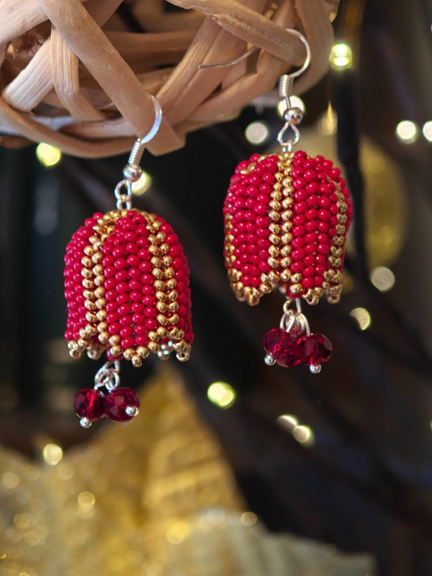 Cercei unicat clopoțel roșu din mărgele sticla Cehia și cristale Swarovski