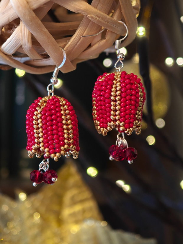 Cercei unicat clopoțel roșu din mărgele sticla Cehia și cristale Swarovski