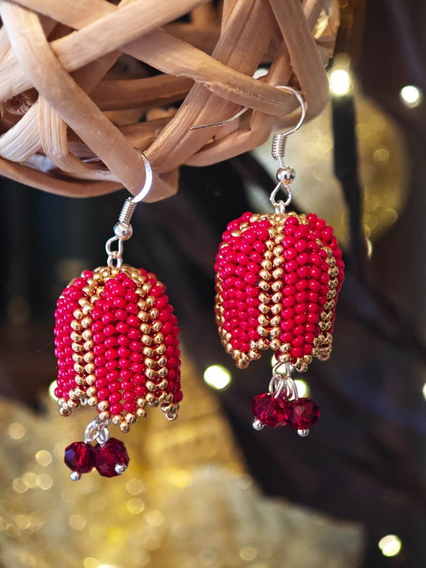 Cercei unicat clopoțel roșu din mărgele sticla Cehia și cristale Swarovski