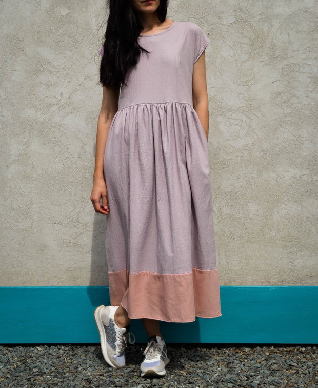 Rochie midi din amestec de in și bumbac în culori pastelate