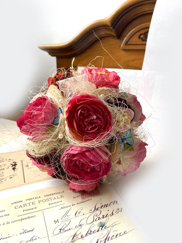 Buchet multicolor・Buchet handmade din flori artificiale・Buchet cu flori roz・Decoratiune nunta