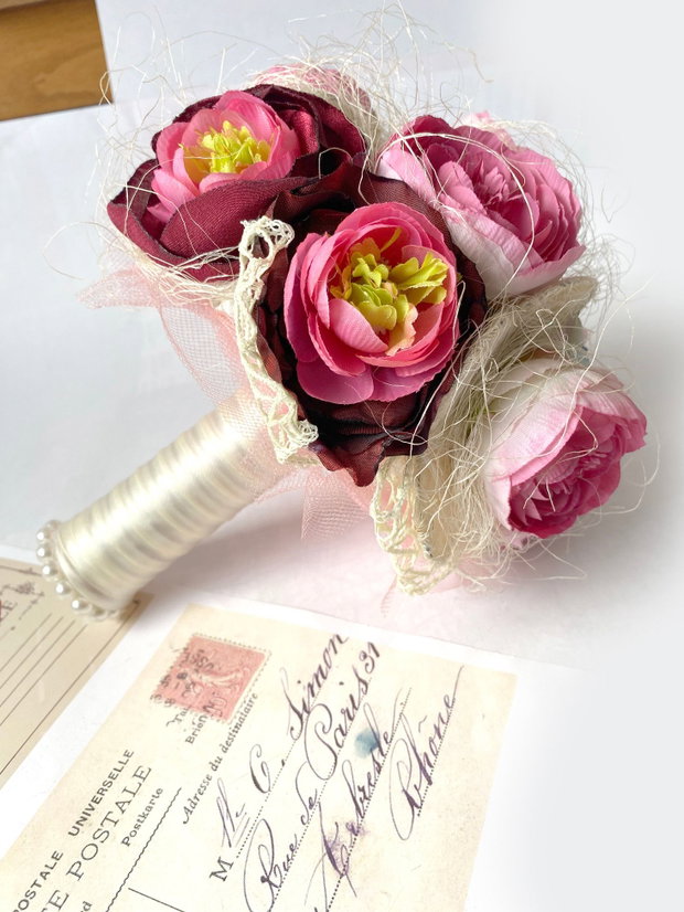 Buchet multicolor・Buchet handmade din flori artificiale・Buchet cu flori roz・Decoratiune nunta