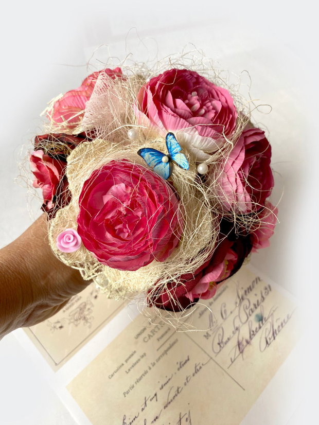 Buchet multicolor・Buchet handmade din flori artificiale・Buchet cu flori roz・Decoratiune nunta