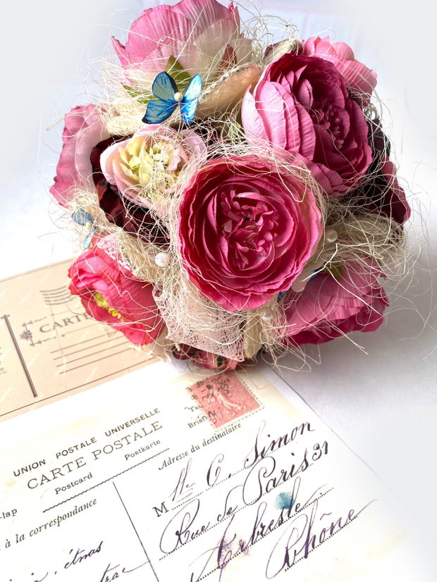 Buchet multicolor・Buchet handmade din flori artificiale・Buchet cu flori roz・Decoratiune nunta