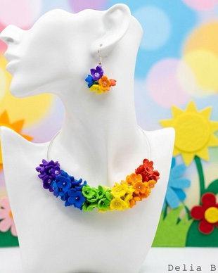 Set bijuterii flori handmade - Curcubeu Floral (cod1447)